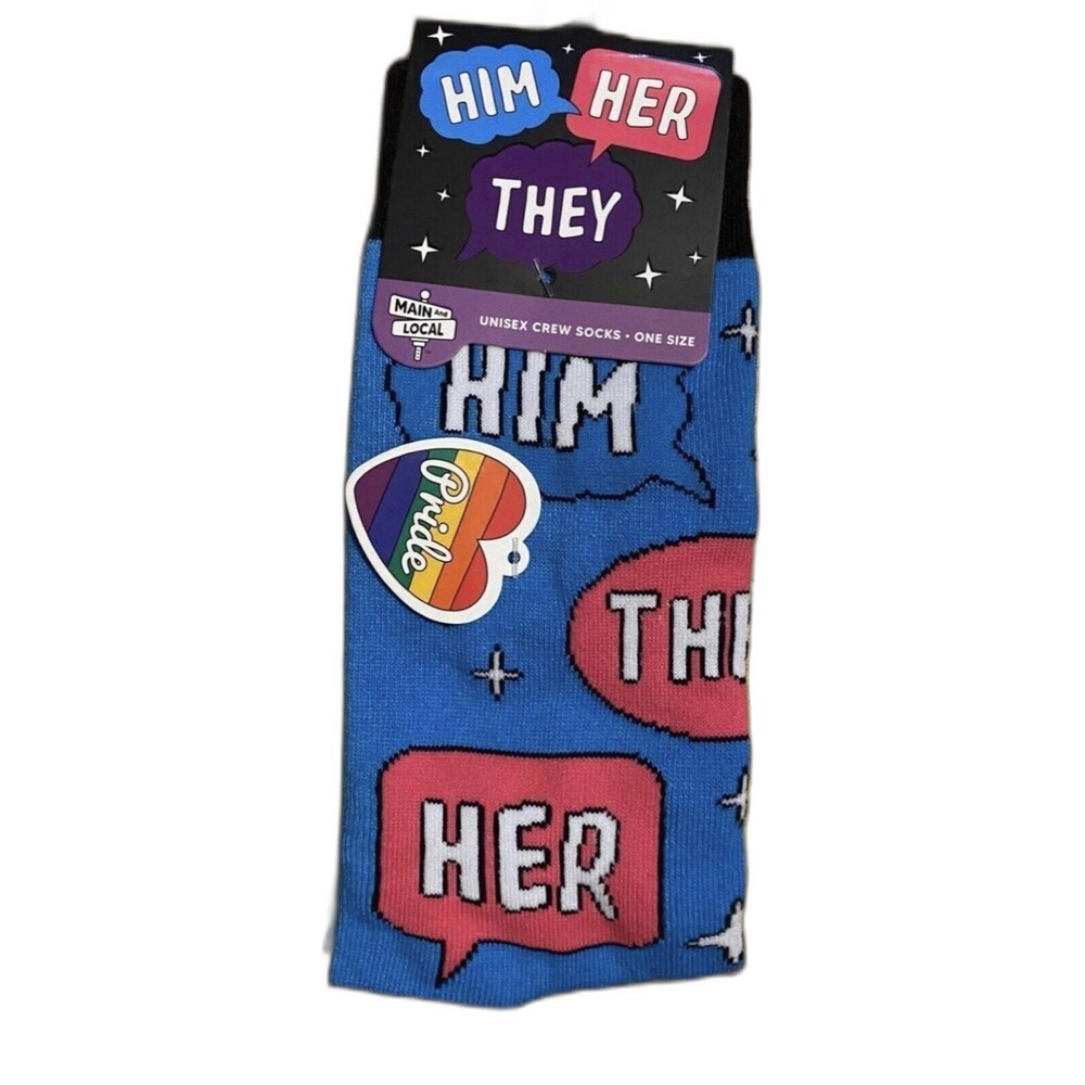 Main And Local Pride "Him, Her & They" Pronouns Unisex Crew Socks